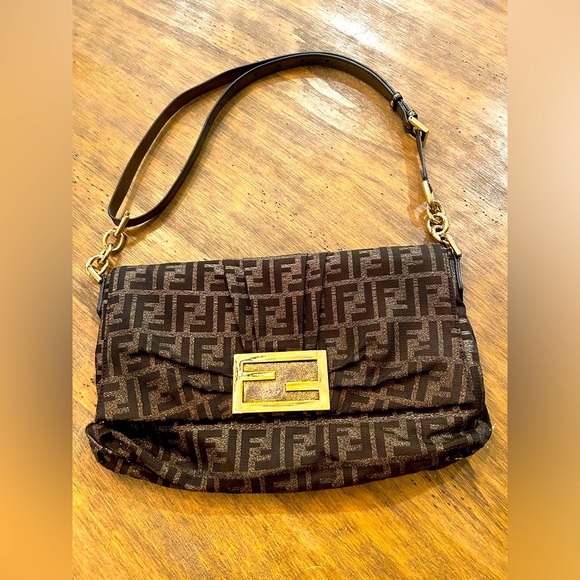 Fendi FF Zucca Canvas Brown Leather Glitter Gold Flap Shoulder Bag - Picture 1 of 17